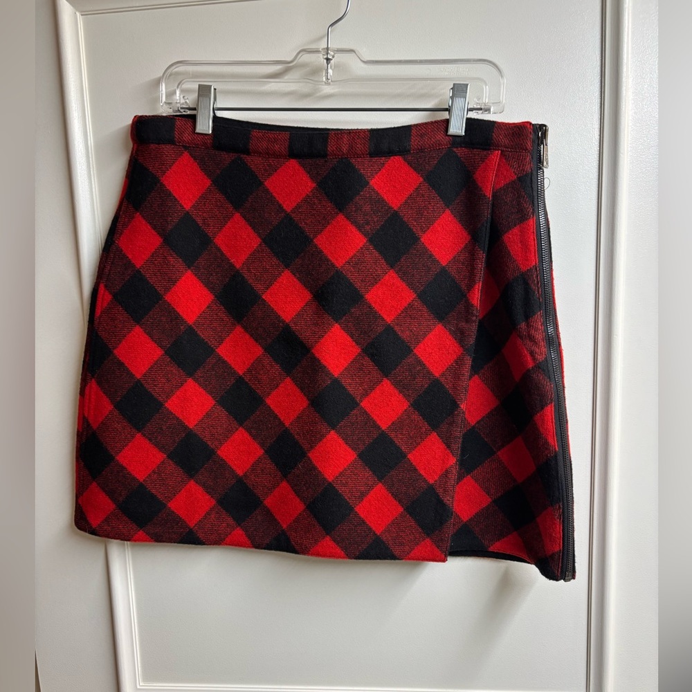 C Wonder black and red buffalo check reversible wool skirt